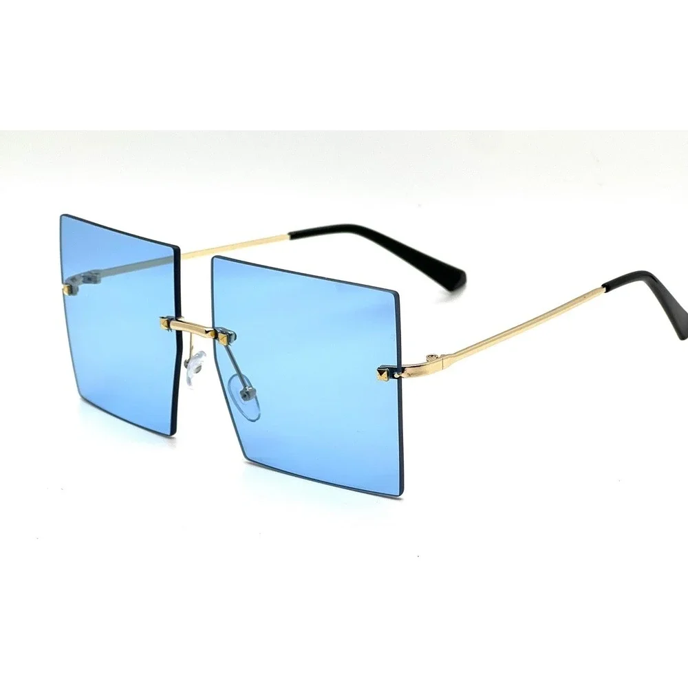 Rimless Sunglasses Square Blue Lens Gold Accents Fashion Trendy Men‎ Sun Glasses